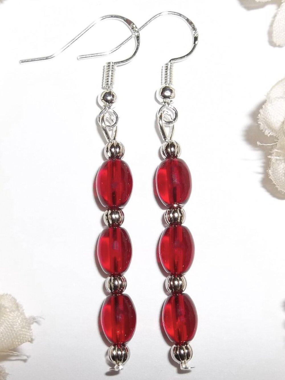 Red Glass Earrings Silver Tone Dangle and Drop Beaded Handmade Set Pair D9142